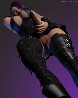 1futa 2018 3d areolae balls big_breasts blue_eyes boots breasts clothed cum cum_drip daz_studio erection futadom futanari goth highres intersex kira3d leather lipstick looking_at_viewer looking_up masturbation mjgart nipples penis piercing plateau_heels platform_boots punk purple_hair solo standing_over_viewer strapped_boots straps thighhigh_boots thighhighs underboob upskirt url