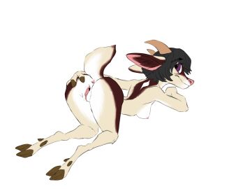 all_fours anthro anus ass bovid breasts brown_body caprine female genitals goat grey_hair hair hand_on_ass hand_on_butt hi_res hooves horn looking_back mammal nipples nude pink_nipples pink_pussy purple_eyes pussy raised_tail reaching_back rear_view replicant_skrunkle short_hair short_tail simple_background solo tail tail_anus tan_body white_background white_body