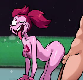 1boy 1girls ambiguous_penetration crazy crazy_eyes crazy_female doggy_style drooling female male pink_hair pink_skin spinel_(steven_universe) steven_universe straight tagme tongue tongue_out triplestabber