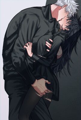 1boy 1girls ass ass_grab black_hair black_jacket black_pants black_pantyhose black_skirt blue_eyes blush breasts cropped_jacket eye_contact female french_kiss full-face_blush fushiguro_megumi fushirun_rung genderswap genderswap_(mtf) high_collar jacket jujutsu_kaisen kissing legs long_hair long_sleeves looking_at_another male medium_breasts pants pantyhose pussy pussy_juice rule_63 satoru_gojo school_uniform short_hair skirt straight thighs torn_clothes torn_pantyhose very_long_hair
