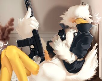 2025 anatid anseriform anthro ar-15 avian beak bird black_clothing black_jacket black_topwear bodily_fluids boxwater clothing detailed_background digital_media_(artwork) digital_painting_(artwork) duck feathers genital_fluids genitals gun hi_res holding_gun holding_object holding_ranged_weapon holding_weapon humanoid_genitalia humanoid_penis inside jacket light lighting male male_anthro one_eye_closed painting_(artwork) partially_clothed_anthro partially_clothed_male penis precum precum_on_object ranged_weapon shaded shadow solo sweat topwear weapon white_body white_feathers yellow_beak yellow_legs yellow_penis