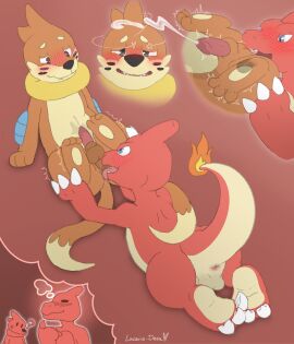 2boys anal animal_genitalia anthro anthro_rimming_anthro anus balls bodily_fluids buizel charmeleon claws cum deep_rimming duo ejaculation fantasizing gay generation_1_pokemon generation_4_pokemon genital_fluids genitals hands-free hi_res lucario-desu male male/male male_only mammal mustelid nintendo oral penis pokemon pokemon_(species) precum reptile rimming scalie seeing_stars sex sheath wiggle_lines