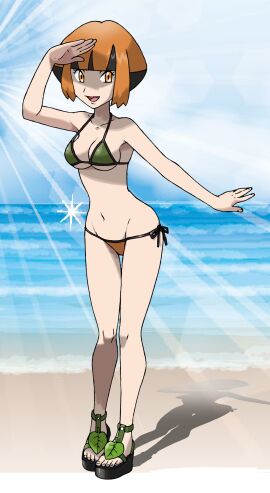 1girls beach bikini breasts clouds female gardenia_(pokemon) green_bikini green_swimsuit looking_at_viewer medium_breasts midriff navel nintendo ocean orange_eyes orange_hair outside pokemon pokemon_dppt sandals short_hair side-tie_bikini side-tie_swimsuit sky swimsuit tellzeta water
