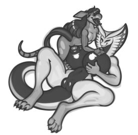 ahe_gao anthro big_breasts breasts claws duo female freckles_(artist) genitals hair huge_breasts larger_female long_hair looking_pleasured lovander male male/female monochrome multicolored_body multicolored_tail nipple_fetish nipple_penetration nipple_play nipple_sex nipples pal_(species) palworld penetration penis plump_labia pocketpair pussy reptile sammie_(zombiedwolf) scalie sera_(zombiedwolf) sex size_difference smaller_male snake tail thick_thighs tongue vulva