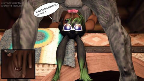 3d black_hair canine canine_penis dark-skinned_female dark_skin face_fucking female female_on_feral feral feral_male feral_on_female final_fantasy final_fantasy_xiv fingering fingering_self gpose_(ffxiv) grassfed_viera green_eyes green_highlights indoors laying_on_bed male male/female male_feral penis pussy saliva sunglasses_on_head text text_bubble viera wet_pussy zoophilia