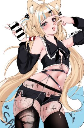 1girls acedia_(acedia09) animal_ears belly_button blonde blonde-haired_female blonde_female blonde_hair blue-eyed_female blue_eyes blushing blushing_at_viewer blushing_female breasts cat_ears female fish_girl fish_tail fishnets goth kemono kemonomimi sameko_saba small_breasts virtual_youtuber