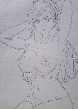 1girls armpits arms_behind_head big_breasts breasts female female_only highres hilda_boreas_greyrat large_breasts legs long_hair mature mature_female monochrome mushoku_tensei navel nipples nude pose posing sensual sexy_armpits sitting solo thighs traditional_media traditional_media_(artwork)