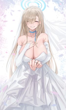 1girls asuna_(blue_archive) big_breasts blonde_hair blue_archive breasts cleavage eyes_closed female female_focus female_only hair_over_one_eye huge_breasts large_breasts long_hair solo vanko wedding_dress wedding_ring