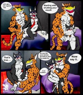 ahe_gao anthro asphyxiation ass bed bedroom blush bodily_fluids bubba_(bubbaloo) bubbaloo_(gum) bulge cheetah cheetos chester_cheetah cum cum_in_ass cum_in_mouth cum_inside digital_media_(artwork) domestic_cat duo eyewear felid feline felis fellatio floor furniture genital_fluids hi_res looking_pleasured male male/male mammal mascot muscular muscular_anthro muscular_male nazuranoke nipples oral penetration penile penis pillow sex sunglasses tongue tongue_out watermark wood wood_floor