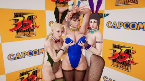 3d 3girls athletic athletic_female bare_shoulders breasts bunny_ears bunny_girl bunnysuit busty cammy_white capcom chun-li cleavage ecchi_fighties female female_focus female_only hourglass_figure juri_han pinup pinup_pose skimpy skimpy_clothes street_fighter street_fighter_v tagme wide_hips