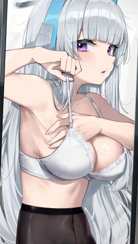 1girls absurdres adjusting_bra adjusting_clothes arm_up armpits black_pantyhose blue_archive blush bra breasts female grey_hair halo hand_in_bra hand_in_own_bra headgear highres lace-trimmed_bra lace_trim long_hair medium_breasts mirror navel noa_(blue_archive) pantyhose purple_eyes reflection sideways_glance solo stomach underwear upper_body wakamepiza white_bra