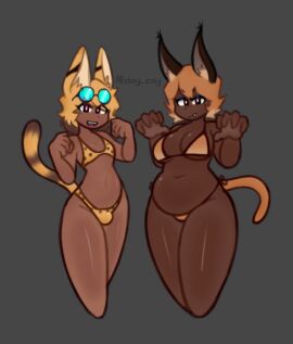 1boy 1girls big_breasts bikini breasts bulge caracal cat_boy cat_ears cat_girl cat_tail catboy catgirl chubby chubby_female coy_doy dark-skinned_female dark-skinned_male dark_skin fangs female femboy feminine_male flat_chest floppa furry looking_at_viewer male mole_under_eye neko original original_character original_characters serval skinny slim sunglasses sunglasses_on_head swimsuit tail thick_thighs