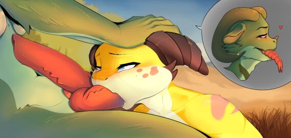 anthro anthro_on_anthro anthro_only biped blush bodily_fluids cloud deepthroat diphallia diphallism dragon duo erection fellatio female female_penetrated field_background fur genital_fluids genitals grass half-closed_eyes head_grab heart_symbol hi_res horn kobold male multi_genitalia multi_penis mythological_creature mythological_scalie mythology narrowed_eyes nature nature_background nude open_mouth oral oral_penetration outside penetration penile penis plant scalie sex sitting sky taur tree tsavorite zunno_furr