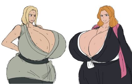 2024 2d 2d_(artwork) 2girls alternate_body_type alternate_breast_size big_breasts bleach blonde-haired_female blonde_hair breasts breasts_bigger_than_head digital_media_(artwork) duo duo_female duo_focus enormous_breasts female female/female female_focus female_only huge_breasts japanese japanese_female large_breasts light-skinned_female long-haired_female long_hair looking_at_partner matsumoto_rangiku mature mature_female mature_woman momiji_(artist) multiple_females multiple_girls naruto naruto_shippuden orange-haired_female orange_hair robe sweat sweating sweaty sweaty_body tsunade white_background