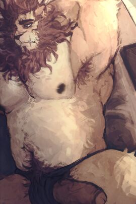 furry furry_only lion lion_ears long_hair lying_down lying_on_bed male male_only mrsyzygy_1 nipples nude nude_male pecs pectorals penis pierced_ears piercing scar scars sleeping sleepy solo solo_male thick_thighs underwear
