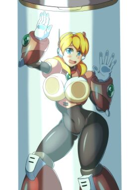 1girls alia big_breasts blonde_hair blue_eyes blush boob_window breasts breasts_on_glass female kotatuman_dash mega_man mega_man_x mega_man_x_dive robot_girl white_background