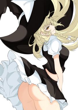 absurdres ass ass_focus black_skirt blonde_hair braid dress female frilled_dress frills hat highres kirisame_marisa large_hat long_hair looking_back marisa_kirisame no_panties solo touhou unanooo_(fthx7532) upskirt witch_hat yellow_eyes