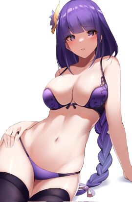 1girls adult arm_support bare_arms bare_chest bare_midriff bare_shoulders bare_skin bare_thighs belly belly_button bikini black_thighhighs blush braid braided_hair braided_ponytail breasts cleavage collarbone dot_nose female female_focus female_only fingers genshin_impact groin hair_ornament hand_on_hip haneramu high_resolution highres hourglass_figure large_breasts light-skinned_female light_skin lips long_hair looking_at_viewer mole mole_under_eye naked naked_female navel open_mouth panties ponytail purple-eyed_female purple-haired_female purple_bikini purple_bikini_bottom purple_bikini_top purple_eyes purple_hair purple_swimsuit purple_swimwear raiden_shogun shoulders simple_background sitting slender_body slender_waist slim_female slim_waist solo swimsuit swimwear thick_thighs thighhighs thighs thin_waist underboob upper_body v-line white_background