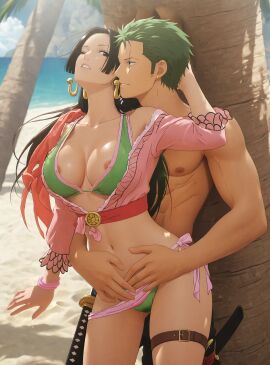 1boy 1girls ai_generated beach big_breasts bikini black_eyes black_hair boa_hancock brown_eyes cloud echoanomaly female forehead fully_clothed green_hair hand_around_neck jewelry looking_at_partner male nipples one_piece roronoa_zoro tree