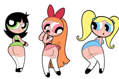:o aged_up artstyle_imitation ass black_hair blonde_hair blossom_(powerpuff_girls) bracelet bubbles_(powerpuff_girls) buttercup_(powerpuff_girls) cartoon_network female hairbow looking_at_viewer looking_back no_panties orange_hair powerpuff_girls powerpuff_girls_2016 sb99 scobionicle99 smile twintails white_background wind_lift without_panties