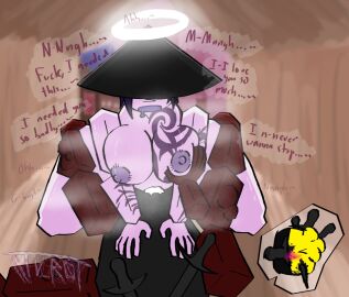 1boy 1girls areolae artist_signature ass big_breasts bigger_male breasts commission cowgirl_position cum_in_pussy disembodied_hand doggy_style dominant_female drooling english_text female halo hat love male martyr_(the_battle_bricks) nipples nude open_mouth pussy roblox roblox_game robloxian sword tarnished_sword tattoo text the_battle_bricks tumore tv_rot watermark