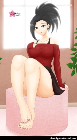 1girls barefoot big_breasts black-haired_female black_eyes black_hair blush breasts clothed clothed_female clothes clouddg female female_only full_body hand_on_breast indoors looking_at_viewer momo_yaoyorozu my_hero_academia no_shoes open_smile painted_fingernails painted_nails painted_toenails plant short_hair sitting smile solo solo_female