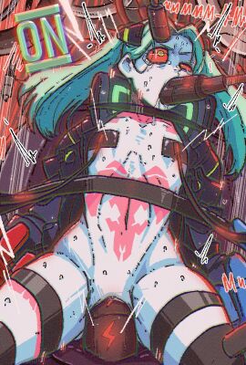 blue_hair bondage cybernetics cyberpunk:_edgerunners cyberpunk_2077 female green_skin machine mark_gavatino markings no_artist_signature no_source petite rebecca_(edgerunners) small_eyebrows small_nose tagme