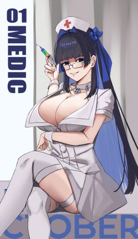 big_breasts blue_hair breasts breasts_bigger_than_head crossed_legs female glasses hololive hololive_english hololive_english_-council- hololive_english_-promise- huge_breasts looking_at_viewer naughty_face nurse nurse_uniform ouro_kronii seductive seductive_look syringe thighs virtual_youtuber