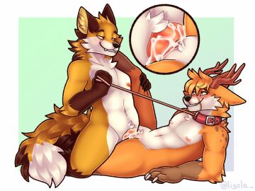 animal_genitalia animal_penis anthro antlers big_tail blush bodily_fluids canid canine canine_genitalia canine_penis canis collar couple_sex cum cum_in_pussy cum_inside cuntboy cuntboy/male deer digital_media_(artwork) dominant duo erection fluffy fluffy_ears fluffy_tail fox fur genital_fluids genitals hair haiy hand_on_leg hand_on_thigh hi_res holding_leg holding_thigh horn hybrid intersex intersex/male knot knotted_penis leash leash_pull leashed_collar licornechat_(artist) looking_at_another lox_keeki male male_penetrating mammal nipples nude nude_anthro penetration penile penis pussy romantic romantic_couple seductive sex simple_background smile smiling_at_another smiling_at_partner submissive tail tuft vaginal_penetration white_body white_fur wolf