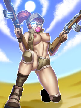 1girls baseball_cap big_breasts blowing_bubblegum boots breasts brown_eyes brown_hair bubble_gum commentary desert dual_wielding female fio_germi firearm gary-q glasses gun guns hat hi_res holding_weapon inkling_ghaul inkling_remy knee_pads kneeling matching_hair/eyes medium_hair metal_slug navel nipples no_shirt outdoors ponytail rifle short_shorts shorts sidelocks signature sky snk solo thighs vest weapon