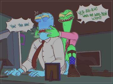 clothed doggy_style drooling emetofiles english_text fingers_in_mouth korvo_opposites male male/male office_sex sock_garters solar_opposites sweat terry_opposites unbuttoned_shirt