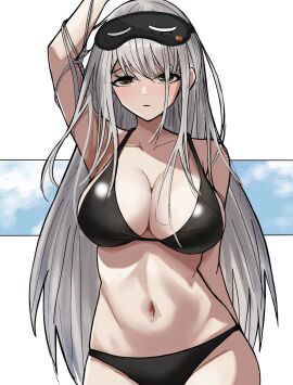 1girls abstract_background bare_shoulders big_breasts bikini black_bikini black_mask breasts cleavage collarbone eye_mask female frima_(nikke) goddess_of_victory:_nikke grey_hair long_hair navel sky sleeping_mask solo swimsuit white_hair yak11 yellow_eyes