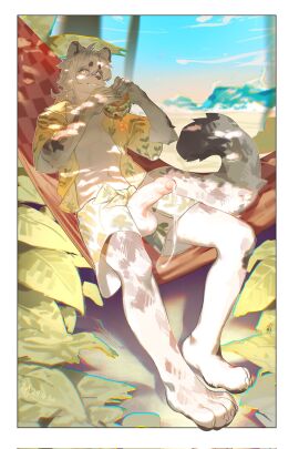 anthro athletic bodily_fluids burger cloth clothed clothing cum cum_dripping_from_penis cum_string drooling eating erection felid food foreskin genital_fluids genitals hair hi_res holding_food holding_object humanoid_genitalia humanoid_penis male mammal navel open_clothing open_topwear outside pantherine penis prua114514 saliva seaside sitting snow_leopard solo topwear uncircumcised unretracted_foreskin white_body white_hair