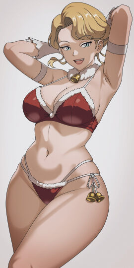 1girls arm_strap big_breasts blonde_hair blue_eyes breasts christmas christmas_clothing christmas_outfit cleavage clothing female female_only game glacia_(pokemon) gloves hair hands_behind_head handwear hips huge_breasts mature mature_female milf neckwear pokemon pokemon_rse short_hair smile solo solo_female thighs vivivoovoo wide_hips