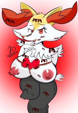 2d anthro big_breasts braixen breasts chocolate fanart female fur furry pink_nipples pokemon pokemon_(species) pokémon_(species) red_eyes sketch