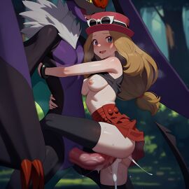 1boy 1girls ai_generated arms_around_partner blue_eyes breasts breasts_out brown_hair clothed_sex cum cum_inside dadfox ejaculation hat leg_up looking_at_viewer noivern one_leg_up outdoors pokemon pokemon_xy pokephilia pussy_juice serena_(pokemon) sex shirt_lift shirt_up skirt standing_sex sweat thighhighs
