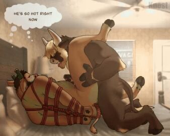2024 accessory anal animated anthro anus ass balls beard bed bedroom belly biceps bondage bound bovid bovine cattle ceiling_fan door duo electric_fan erection facial_hair facial_piercing fist furgonomics furniture gay genitals hair hair_over_eyes handjob horn horn_accessory horn_cap inside kneeling knest leg_on_shoulder low_res lying male male/male mammal masculine_male mature_male motel musclegut muscular nose_piercing nose_ring on_side open_mouth penile penis piercing pillow raised_leg reclining restraints ring_piercing rope rope_bondage rope_harness sex slightly_chubby tail tail_wraps thought_bubble tongue tongue_out wraps