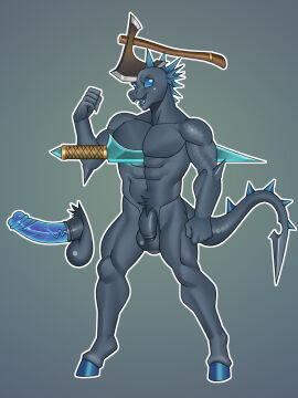 abs absurd_res anthro arthropod axe balls blue_eyes blue_hooves blue_penis changeling dragon erection fan_character flaccid friendship_is_magic genitals grey_body grey_scales hasbro hi_res hooves hybrid invincible male melee_weapon muscular muscular_male my_little_pony mythological_creature mythological_scalie mythology nauth penis phalanx_(nauth) scales scalie solo sword weapon