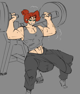 1boy alternate_version_available balls bulge_through_clothing clothed cock_bulge drooling_pre flat_colors freckles ginger green_eyes grinning huge_balls huge_cock light-skinned_male light_skin looking_at_viewer male male_only marshall_(shewiff) muscular muscular_male penis ponytail red_hair sherbetdraws shewiff sitting solo solo_male sweat working_out workout_equipment