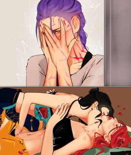 baobeics closed_eyes clothed_sex covering_face cuckold demon demon_girl female_torso fingering fingering_partner fingering_through_clothes kiss_mark kissing kpop_demon_hunters lipstick_mark lots_of_lipstick_marks mira_(kpop_demon_hunters) rumi_(kpop_demon_hunters) sketch vulva_handjob watching watching_sex yuri zoey_(kpop_demon_hunters)