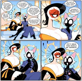 1boy avian big_breasts blush bottom_heavy breasts breasts_out catty_(idolomantises) ciel_(idolomantises) clothed comic curvy curvy_body curvy_femboy curvy_figure curvy_hips curvy_male english_text feet femboy furry furry_only hourglass_figure idolomantises male male_only monsters_and_girls no_visible_genitalia safe talking text thick_thighs wide_hips