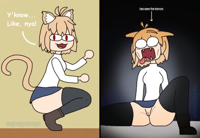 1girls 2d against_surface against_wall ahoge alfonzo_poopypants animal_ears animal_humanoid anthro anthro_female anthro_only ass bangs big_ass big_butt boots bottomwear cat_ears cat_humanoid cat_smile clothed clothing crouching dialogue ears_down english_text fangs featureless_hands felid felid_humanoid feline feline_humanoid female female_only genitals hair hi_res humanoid inner_ear_fluff legwear mammal mammal_humanoid miniskirt neco-arc no_underwear open_mouth pivoted_ears pussy red_eyes scared_shitless short_hair simple_background sitting skirt solo squish tail talking_to_viewer teeth text thick_thighs thigh_highs thigh_squish tongue tongue_out traumatized tsukihime tuft type-moon