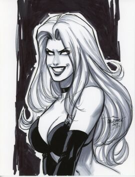 artist_name artist_signature breasts coffin_comics death_(personification) evil_grin evil_smile female greyscale huge_breasts lady_death looking_at_viewer scott_dalrymple seductive_look seductive_smile signature text white_body white_hair white_skin