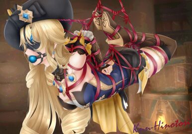 1girls arms_behind_back ball_gag blindfold blonde_hair bondage breasts cleavage gag genshin_impact hat knn-hinotori medium_breasts navia_(genshin_impact) rope rope_bondage suspension thigh_boots thighhighs