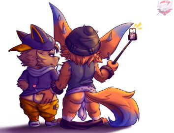 anthro ass ass_grab balls beanie black_beanie black_bottomwear black_clothing black_hat black_headwear black_pants black_shirt black_topwear blue_body blue_eyes blue_fur body_hair bottomwear bottomwear_down brown_body brown_fur brown_hair butt_grab cellphone clothed clothing duo ear_piercing ear_ring electronics fennephilim_fox fur genitals gnar_(lol) hair hairy_balls hand_on_ass hand_on_butt hat headgear headwear heart_symbol hi_res kennen_(lol) league_of_legends looking_at_object looking_at_phone male orange_body orange_bottomwear orange_clothing orange_fur orange_hair orange_shorts pants pants_down partially_clothed pentakill phone piercing rear_view ring_piercing riot_games selfie selfie_stick shirt shorts tencent topwear true_damage yordle
