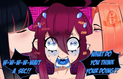 3girls audrey_(badbitchdicey) audrey_(diceyboi) badbitchdicey black_hair black_lipstick blue_eyes blue_mouth blue_tongue closed_eyes dialogue diceyboi ear_licking english_text female female_only goth goth_girl kissing kissing_ear licking_ear long_hair nickie_(badbitchdicey) nickie_(diceyboi) onomatopoeia peach_hair piercing pink_lipstick sensory_overload text violet_hair willow_(badbitchdicey) willow_(diceyboi) yuri