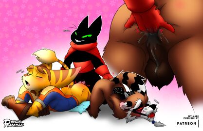 5_fingers anal anal_fingering anal_sex anthro anthro_on_anthro anthro_penetrated anthro_penetrating anthro_penetrating_anthro artist_name ass backsack ball_gag balls ballsack beard biped black_body black_fur blue_clothing blue_pillow blue_shirt blue_topwear blush bodily_fluids bottomless bottomless_anthro bottomless_male bound brown_balls brown_body brown_clothing brown_fur brown_gloves brown_handwear brown_headwear brown_stripes cape cartoon_network close-up closed_eyes clothed clothing cum cum_in_ass cum_inside cum_on_balls cum_on_perineum digital_media_(artwork) domestic_cat facial_hair felid feline felis fingering fingering_partner fingering_while_penetrating fingers floral_background fur gag genital_fluids genitals gloves green_sclera group group_sex guardians_of_the_galaxy hands_tied hands_tied_behind_back handwear headgear headwear hi_res kneeling leaking_cum lombax lying male male/male male_anthro male_penetrated male_penetrating male_penetrating_male mammal mao_mao:_heroes_of_pure_heart markings marvel marvel_comics moan nude nude_anthro nude_male on_front open_mouth patreon patreon_logo penetration perineum pillow procyonid raccoon randoramble ratchet_(ratchet_and_clank) ratchet_and_clank red_cape red_clothing red_gloves red_handwear red_sclera rocket_raccoon sex sheriff_mao_mao_mao shirt size_difference small_dom_big_sub small_top_big_bottom smile smirk sony_corporation sony_interactive_entertainment striped_arms striped_body striped_ears striped_fur striped_markings striped_tail stripes tail tail_markings tail_tuft tan_body tan_fur teeth teeth_showing text threesome topwear trio tuft