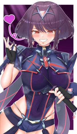 absurdres alternate_color black_hair black_shorts blush bob_cut border breasts brown_eyes chest_jewel commentary core_crystal corruption cowboy_shot earrings evil_pyra female heart highres holding holding_whip jewelry large_breasts leotard meipasuye parted_lips purple_background purple_leotard pyra short_hair short_shorts shorts smirk solo tiara white_border xenoblade_(series) xenoblade_chronicles_2