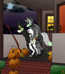 ambiguous_gender ambiguous_penetration animal_genitalia animal_penis anklet bodypaint bottomless bottomwear brick broom candy candy_bucket canid canine canine_genitalia canine_penis canis cemetery cleaning_tool closed_eyes clothed clothed_sex clothing clothing_lift cloud costume cuntboy decoration dessert domestic_dog door doormat dress dress_lift dress_only dress_pants duo face_paint feral food fox fruit fur_paint genitals gown halloween hand_behind_back hat headgear headwear hedge hi_res holidays husky intersex intersex/male jack-o'-lantern jack_skellington jacket jewelry knot legband looking_pleasured male mammal moon night nightmare_before_christmas nordic_sled_dog nylon_stockings overcast pants penetration penile penile_penetration penis penis_in_pussy pinned plant porch public public_sex pumpkin pussy questionable_consent raised_tail sex shrub sillydraco sky spiked_anklet spiked_legband spikes spitz steps suit suit_jacket tail the_nightmare_before_christmas tombstone topwear vaginal_penetration witch_broom witch_costume witch_hat