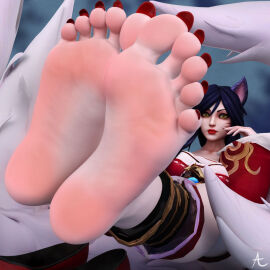 1girls 3d ahri asagamiyo barefoot black_hair face_markings feet female foot_fetish foot_focus fox_ears fox_girl league_of_legends riot_games solo solo_female tagme yellow_eyes